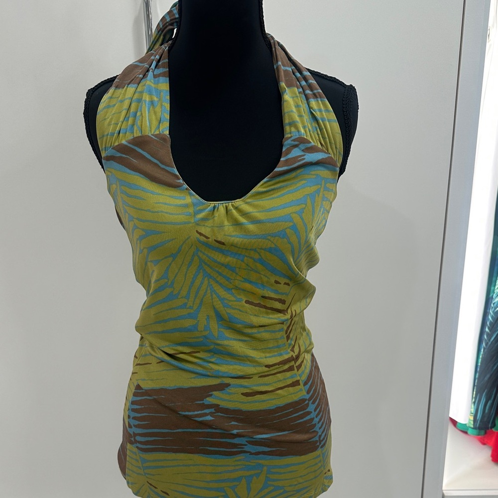 Kenneth Cole Olive Green Halter Camisole with Teal and Brown Leaf Print